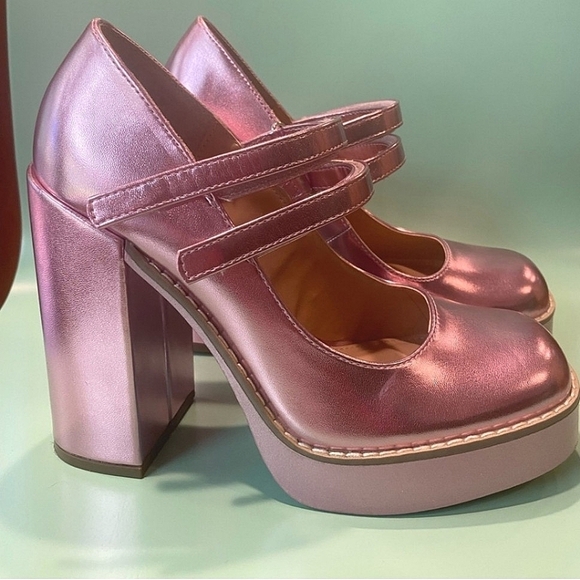 Steve Madden Twice Mary Jane Metallic Pink Platform Pumps Women's Sz 6.5 - Picture 2 of 7